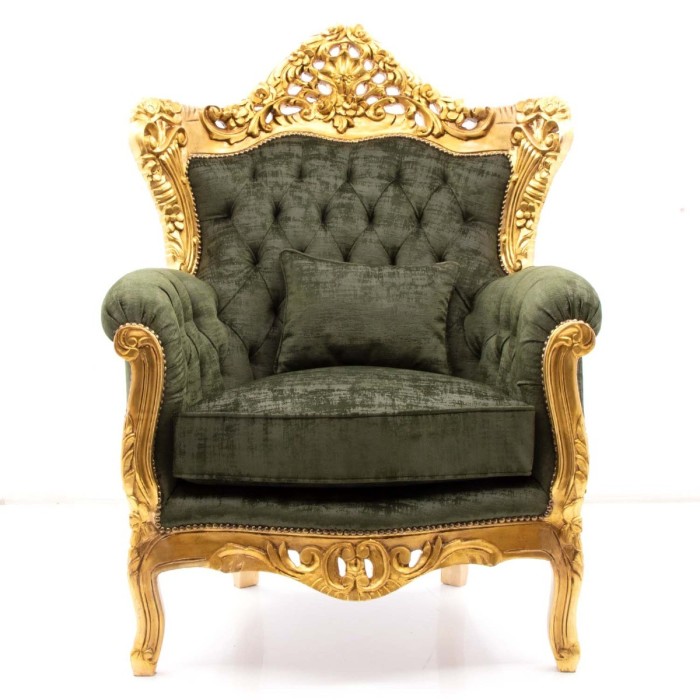 Μπερζέρα Μπαρόκ XL Μασίφ Καρυδιά Χειροποίητη Με Φύλλο Χρυσού & Πράσινο Βελούδο Βελγίου - K17-6295-Baroque Armchair K17-6295 