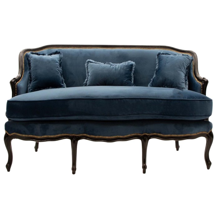 Εκπληκτικός Λουί Κενζ ροκοκό καναπές με μπλε βελούδο.-CHRU_32 