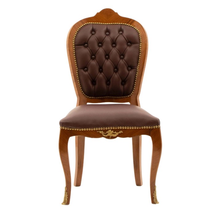 Καρέκλα Λουις Κενζ Σκαλιστή με καφέ Δερματίνη Καπιτονέ λούστρο από μασίφ ξύλο καρυδιάς MK-5130-CHAIR MK-5130 