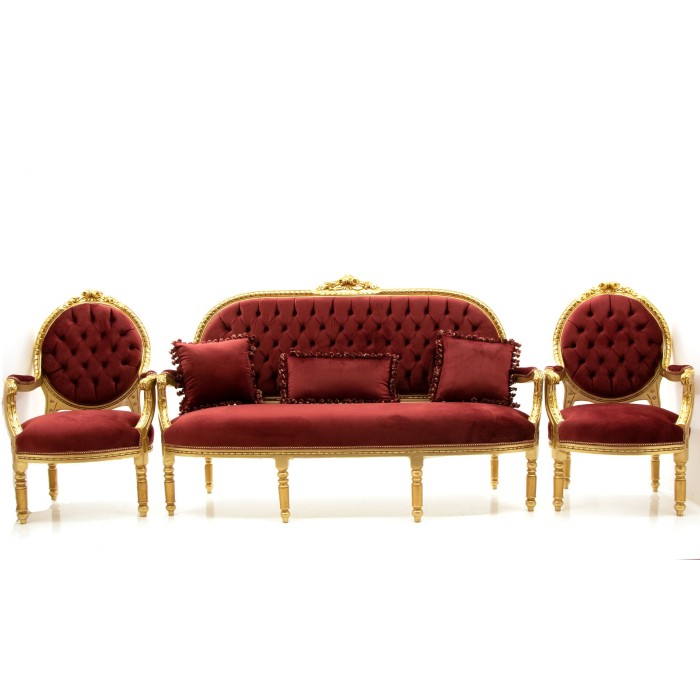 Σέτ σαλονιού Λούι Σέζ με κόκκινο ύφασμα απο βελούδο υψηλής ποιότητας ΜΚ-9102-Living room set ΜΚ-9102 