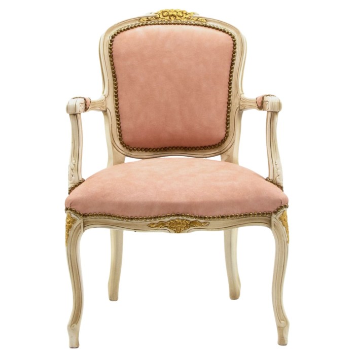 Πολυθρόνα Λουις Κενζ με φύλλο χρυσού και off white ξύλο με πατίνα ,ύφασμα απο δερματίνη soft pink ΜΚ-6407-ARMCHAIR MK-6407 