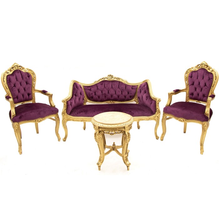 Σετ Πολυθρόνες Μπαρόκ με καναπέ διθέσιο με Μπορντό Βελούδο & Τραπέζι με Μάρμαρο & Φύλλο Χρυσού 4 Τεμ.MK-6419-armchairs ,sofa and table MK-6419 