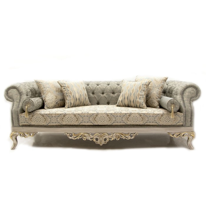 Καναπές τριθέσιος κλασικός καπιτονέ με φύλλο χρυσού-ασημιού και ανάγλυφο σατέν ύφασμα ΜΚ-8351-sofa ΜΚ-8351 
