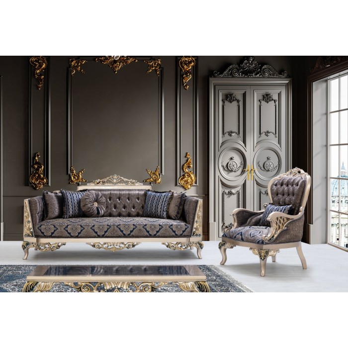 Εντυπωιακό BAROQUE ΣΕΤ ΣΑΛΟΝΙΟΥ με μαύρο γυαλιστερό βελούδο με ανάγλυφο και χρυσές με ασημένιες λεπτομέρειες ΜΚ-9130-Living room set ΜΚ-9130 