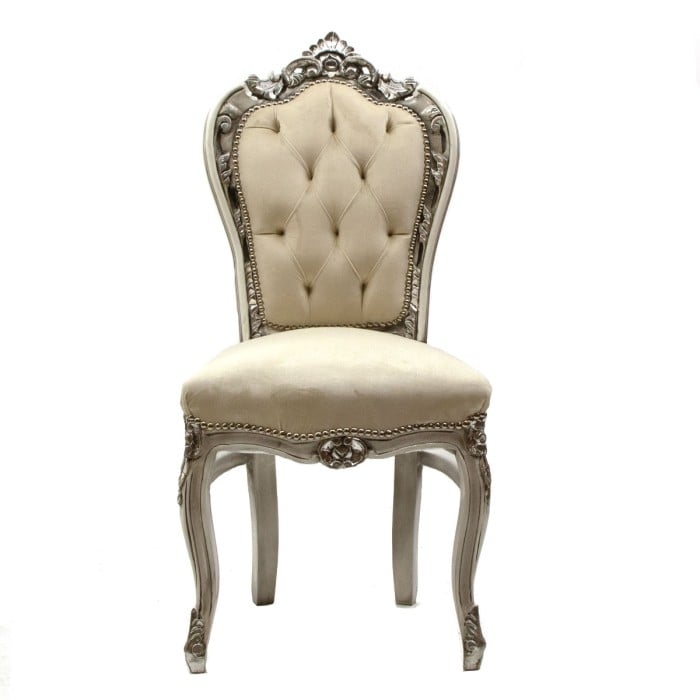 Καρέκλα Τραπεζαρίας Λουδοβίκου 14ου με φύλλο ασημιού και off white βελούδο ύφασμα-PPD-16 