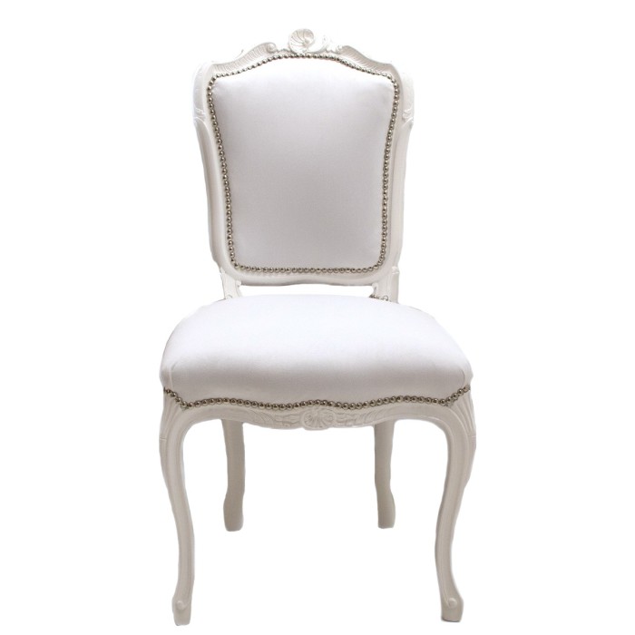 Καρέκλα τραπεζαρίας Λουί Κένζ με λάκα λευκή, ασημένιους καπαράδες και λευκό ύφασμα Ιρις 5 αδιάβροχο αλέκιαστο ΜΚ-5161-CHAIR ΜΚ-5161 
