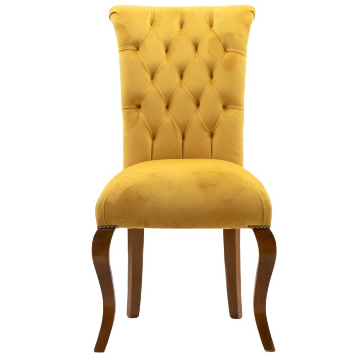 Κλασική Καρέκλα Λουί Κένζ καπιτονέ με ύφασμα βελούδο αδιάβροχο κίτρινο και μασίφ καρυδιά με λούστρο ΜΚ-5167-chair ΜΚ-5167 