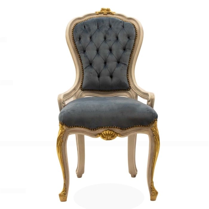 Καρέκλα Λουί Κένζ Σκαλιστή με ύφασμα γκριζο-μπλέ αλέκιαστο αδιάβροχο υψηλής ποιότητας απο μασίφ καρυδια με λάκα πατίνα baby wash και φύλλο χρυσού ΜΚ-5178-CHAIR ΜΚ-5178 