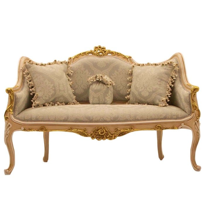 Διθέσιος καναπές Λουί Κένζ σε χρώμα λακέ με φύλλο χρυσού και ανάγλυφο ύφασμα μπέζ με ανάγλυφα σχέδια ΜΚ-8690-SOFA ΜΚ-8690 