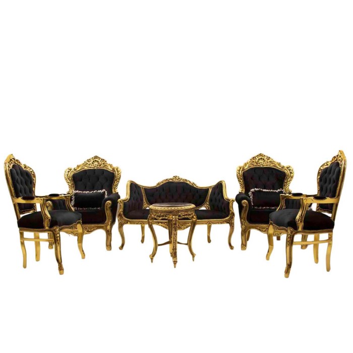 Σέτ σαλονιού Λουί Κένζ με φύλλο χρυσού και μαύρο ύφασμα αδιάβροχο αλέκιαστο υψηλής ποιότητας ΜΚ-9155-Baroque Set ΜΚ-9155 