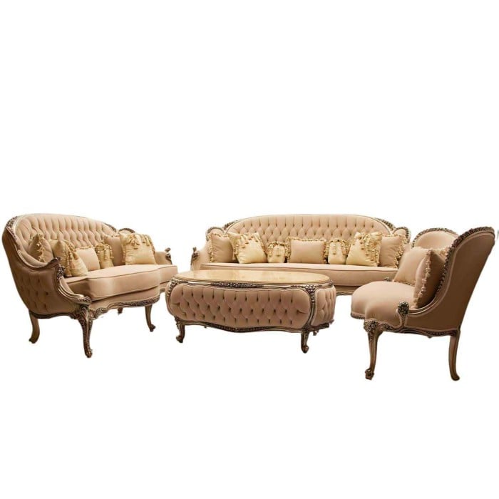 Λουί Κένζ σέτ σαλονιού σε μπέζ χρώμα με φύλλο ασημιού με 1 διθέσιο, 2 τριθέσιους καναπέδες και 1 τραπέζι σαλονιού ΜΚ-9157-Living room set ΜΚ-9157 