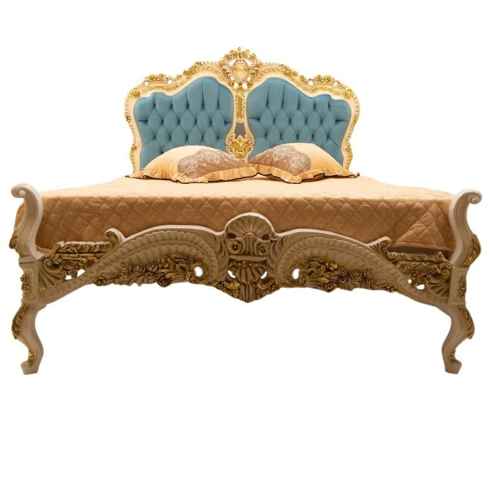 Κρεβάτι κλασικό Μπαρόκ με φύλλο χρυσού και γαλάζιο αλέκιαστο αδιάβροχο ύφασμα βελούδο καπιτονέ RIS-11113-BED RIS-11113 