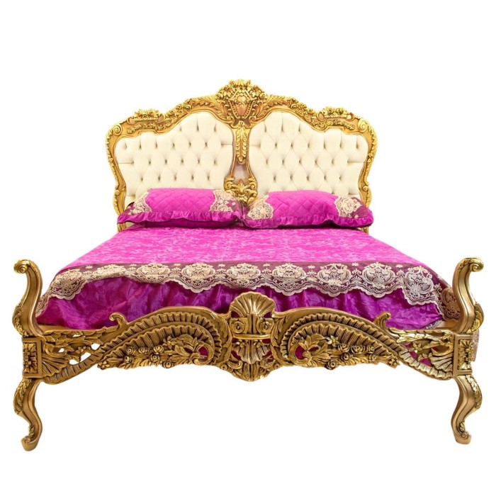 Κλασικό Κρεβάτι Μπαρόκ καπιτονέ με βελούδο off-white και φύλλο χρυσού RIS-11118-BED RIS-11118 