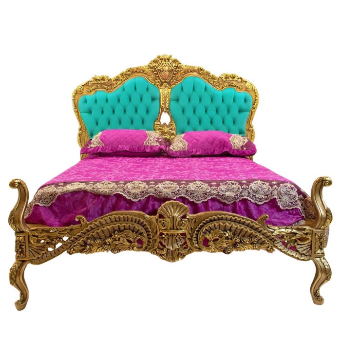 Κλασικό Κρεβάτι Μπαρόκ καπιτονέ με βελούδο τιρκουάζ και φύλλο χρυσου RIS-11119-BED RIS-11119 