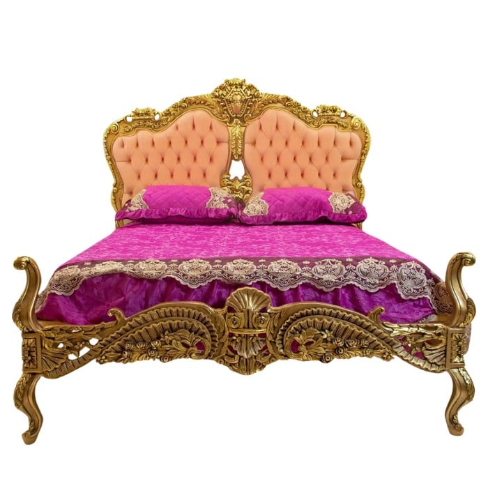 Κλασικό Κρεβάτι Μπαρόκ καπιτονέ με βελούδο σε απόχρωση ροδάκινου και φύλλο χρυσού RIS-11121-BED RIS-11121 