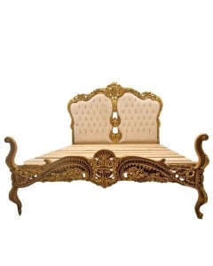 Κλασικό κρεβάτι Μπαρόκ με φύλλο χρυσού και καπιτονέ πλάτη με βελούδο ύφασμα σε χρώμα off-white ΜΚ-11110