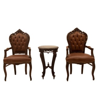 Σέτ Λουί Κένζ με δερμάτινες πολυθρόνες καφέ και τραπέζι με λούστρο ΜΚ-9148-Baroque Set ΜΚ-9148 